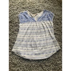 Lucky Brand blue white EMBROIDERED Boho CAP SLEEVE TUNIC SHIRT TOP sz L